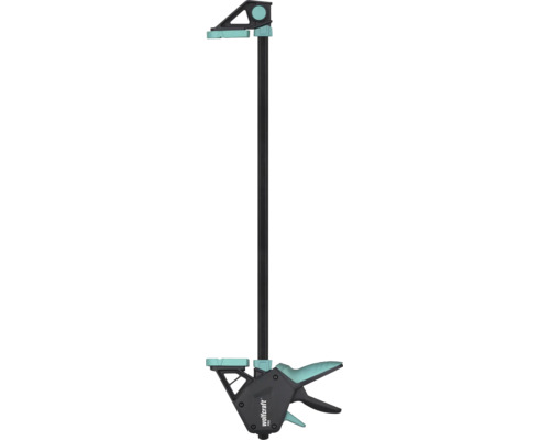 Jednoruční svěrka Wolfcraft PRO s ocelovou vodicí tyčí a ergonomickou plastovou rukojetí.