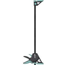 Jednoruční svěrka Wolfcraft PRO v černo-tyrkysové barvě s ergonomickou rukojetí a ocelovou lištou pro fixaci obrobků.