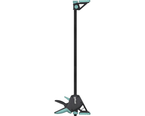 Jednoruční svěrka Wolfcraft PRO v černo-tyrkysové barvě s ergonomickou rukojetí a ocelovou lištou pro fixaci obrobků.