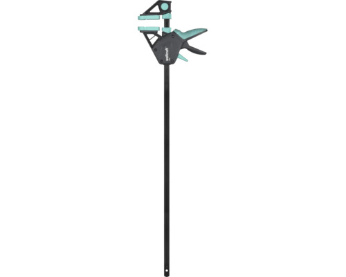 Jednoruční svěrka Wolfcraft Pro s dlouhou kovovou lištou a ergonomickou plastovou rukojetí pro ovládání jednou rukou.