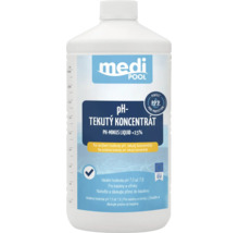 Medi Pool Logo, pH mínus tekutý koncentrát 1000 mililitrů v láhvi se stupnicí pro bazény ke snížení hodnoty pH, Vyrobeno v Evropské unii.