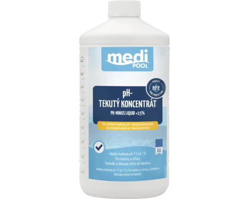 Medi Pool Logo, pH mínus tekutý koncentrát 1000 mililitrů v láhvi se stupnicí pro bazény ke snížení hodnoty pH, Vyrobeno v Evropské unii.