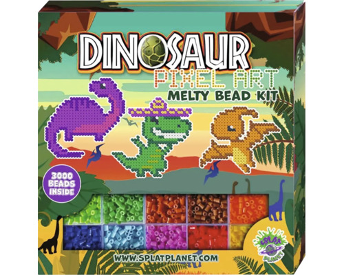 Sada zažehlovacích korálků Dinosaur Pixel Art od Splat Planet se 3000 barevnými korálky a motivy dinosaurů. Splat Planet Logo.