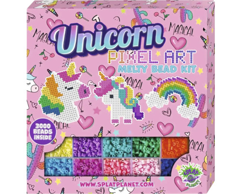 Sada zažehlovacích korálků Unicorn Pixel Art s 3000 korálky, vzory jednorožců a duhy a Splat Planet Logo.