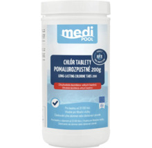 medi POOL Logo, chlorové tablety pomalurozpustné 200 gramů pro dlouhodobou dezinfekci velkých bazénů, Vyrobeno v Evropské unii.