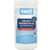 medi POOL Logo, pomalurozpustné chlorové tablety 20 gramů pro dezinfekci malých bazénů a vířivek do 10000 litrů, vyrobeno v Evropské unii.