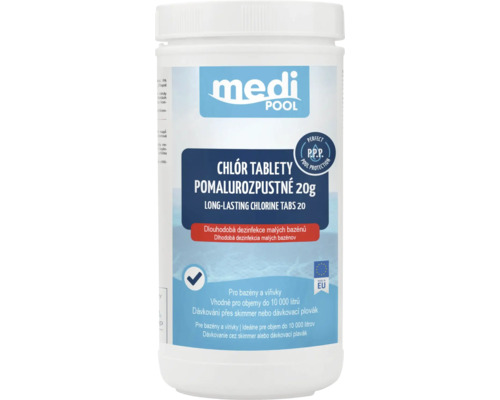 medi POOL Logo, pomalurozpustné chlorové tablety 20 gramů pro dezinfekci malých bazénů a vířivek do 10000 litrů, vyrobeno v Evropské unii.