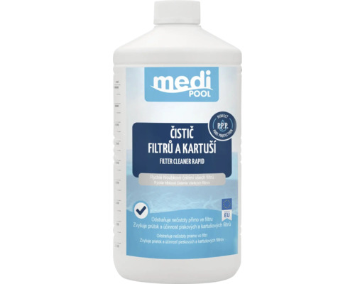 Čistič filtrů a kartuší medi POOL Filter Cleaner Rapid pro bazénové filtrace v láhvi o objemu jeden litr.