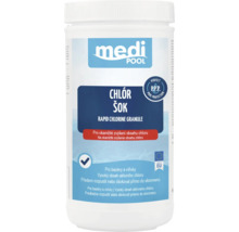 medipool Logo, Chlor šok granulát pro bazény, okamžité zvýšení chlóru, ochrana bazénu, Vyrobeno v Evropské unii.