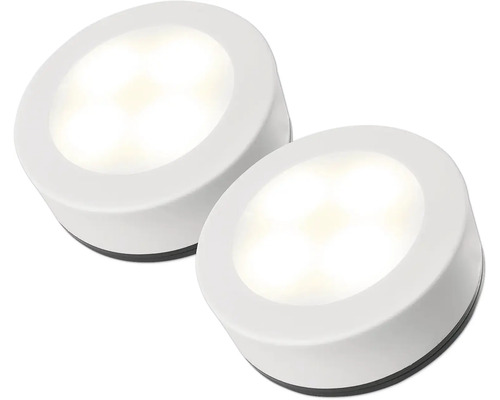 Dvě bílá kulatá LED podhledová svítidla z plastu pro montáž pod skříňku.