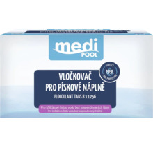 Medi Pool Logo. Vločkovač pro pískové náplně, 8 krát 125 gramů, tablety pro optimální ochranu bazénu a úpravu vody.