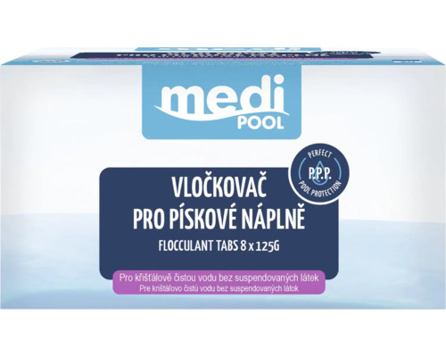 Medi Pool Logo. Vločkovač pro pískové náplně, 8 krát 125 gramů, tablety pro optimální ochranu bazénu a úpravu vody.