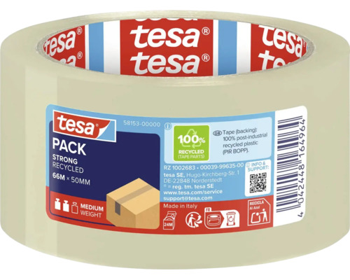 tesa Balicí páska Strong Recycled, 66 metrů krát 50 milimetrů, ze 100 procent recyklovaného plastu, pro středně těžké balíky.