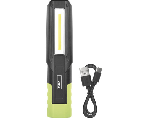 Černo-zelená pracovní LED svítilna EMOS s nabíjecím kabelem USB, EMOS Logo.