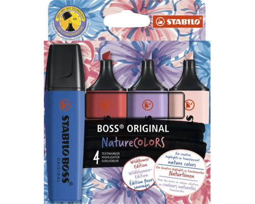 Sada 4 zvýrazňovačů Stabilo Boss Original NatureCOLORS, edice Wildflower, s technologií proti vysychání po dobu 4 hodin. Stabilo Logo.