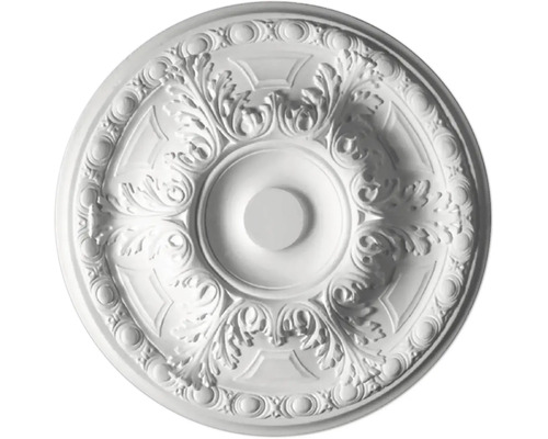 Bílá kulatá stropní rozeta s květinovými ornamenty v klasickém štukovém stylu.