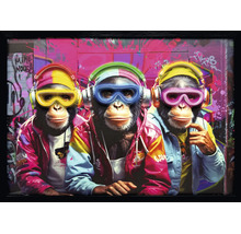 Moderní obraz na zeď se třemi šimpanzi s barevnými sluchátky, brýlemi a bundami na pozadí graffiti v černém rámu.