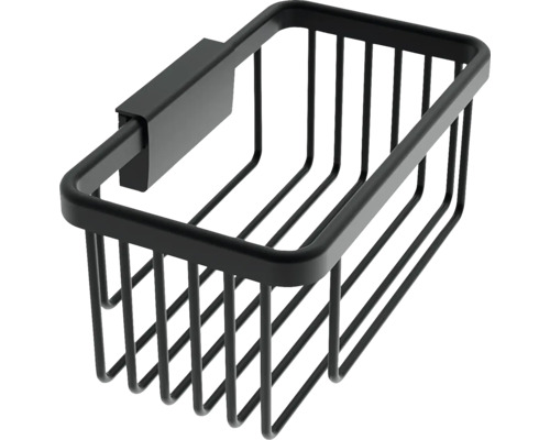 Černý kovový sprchový koš pro montáž na stěnu, obdélníkový drátěný design do koupelny.
