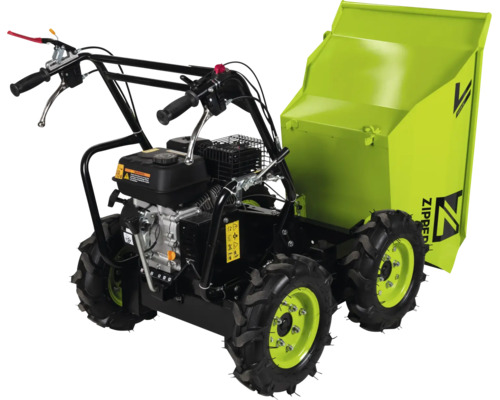 Benzínový minidumper Zipper s pohonem všech kol a mechanickou funkcí sklápění pro přepravu materiálu.