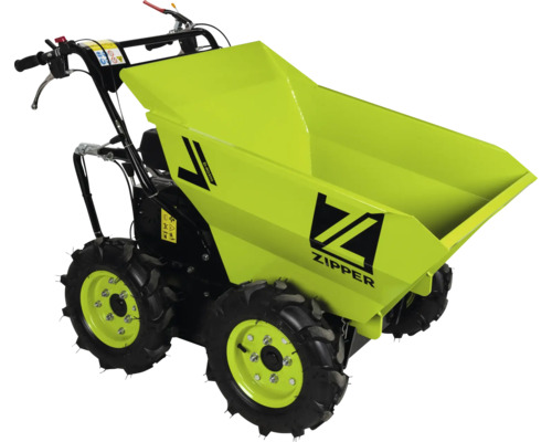 Minidumper Zipper ZI-RD300 s pohonem všech kol, čtyřmi terénními pneumatikami a velkou kovovou vyklápěcí korbou.