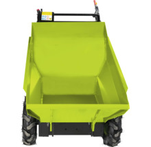 Motorový minidumper s velkou kovovou korbou a terénními pneumatikami pro neschůdný terén.