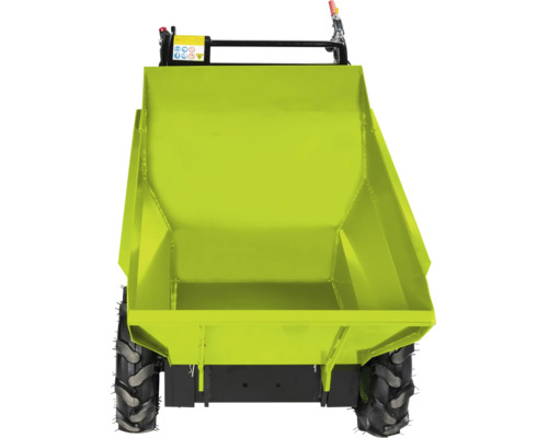 Motorový minidumper s velkou kovovou korbou a terénními pneumatikami pro neschůdný terén.