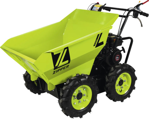 Motorový minidumper Zipper s benzínovým motorem, pohonem všech kol a vyklápěcí korbou pro přepravu těžkých materiálů na stavbách.