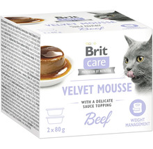 Brit Care Logo na obalu krmiva pro kočky Velvet Mousse hovězí s omáčkou, 2 krát 80 gramů, se symbolem pro kontrolu hmotnosti.