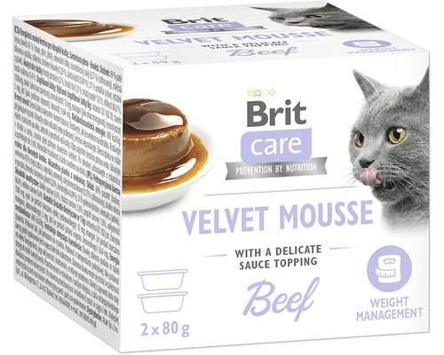 Brit Care Logo na obalu krmiva pro kočky Velvet Mousse hovězí s omáčkou, 2 krát 80 gramů, se symbolem pro kontrolu hmotnosti.