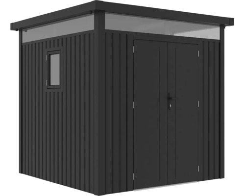 Moderní kovový zahradní domek s dvoukřídlými dveřmi, bočním oknem a pásovým světlíkem pod plochou střechou.