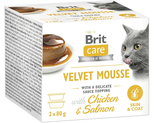 Brit care Velvet Mousse krmivo pro kočky s kuřecím masem a lososem, 2 krát 80 gramů.
