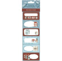 Vánoční samolepky na dárky, balení 6 kusů s motivy dárků a bílým polem pro popis.