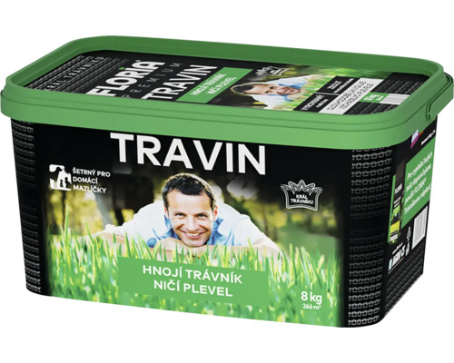Trávníkové hnojivo Floria Travin s účinkem proti plevelům, 8 kilogramů na 266 metrů čtverečních, šetrné k domácím mazlíčkům, plastový kbelík.