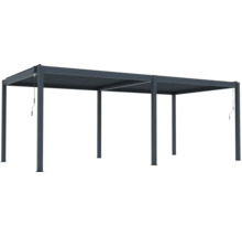 Volně stojící pergola s nastavitelnou lamelovou střechou a šesti sloupky, včetně klik pro ovládání.