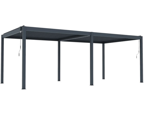 Volně stojící pergola s nastavitelnou lamelovou střechou a šesti sloupky, včetně klik pro ovládání.
