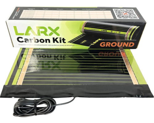 Elektrická topná rohož LARX Carbon Kit Ground pro podlahové vytápění s obalovou krabicí a přívodním kabelem.