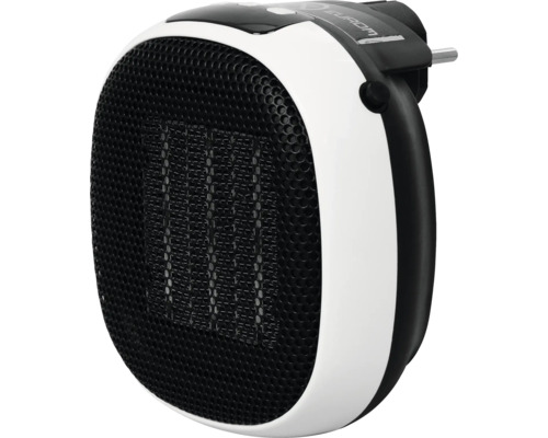 Teplovzdušný ventilátor Eurom do zásuvky, keramické topidlo s černou mřížkou a bílým tělem.