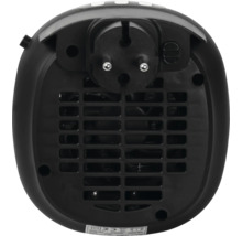 Zadní pohled na černý kompaktní horkovzdušný ventilátor do zásuvky s integrovanou zástrčkou a ventilační mřížkou.