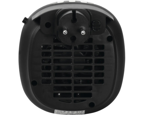 Zadní pohled na černý kompaktní horkovzdušný ventilátor do zásuvky s integrovanou zástrčkou a ventilační mřížkou.