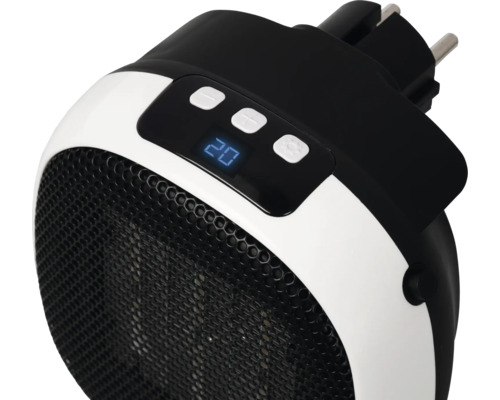 Kompaktní teplovzdušný ventilátor do zásuvky s digitálním displejem, ovládacími tlačítky a černou mřížkou.