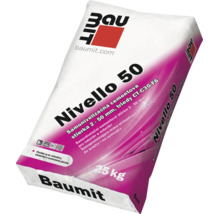 Samonivelační cementová stěrka Baumit Nivello 50 pro tloušťku vrstvy 2 až 50 milimetrů, 25 kilogramové balení.