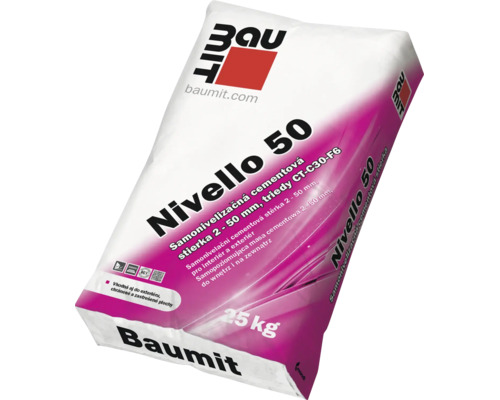 Samonivelační cementová stěrka Baumit Nivello 50 pro tloušťku vrstvy 2 až 50 milimetrů, 25 kilogramové balení.