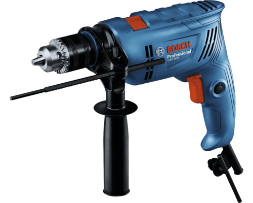 Modrá příklepová vrtačka Bosch Professional GSB 600 s přídavnou rukojetí, hloubkovým dorazem a sklíčidlem s ozubeným věncem.