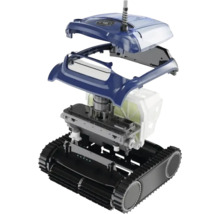 Rozložený pohled na bazénový robot zobrazující části krytu a vnitřní komponenty.