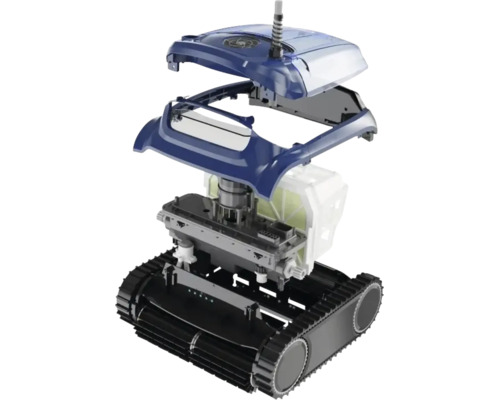 Rozložený pohled na bazénový robot zobrazující části krytu a vnitřní komponenty.