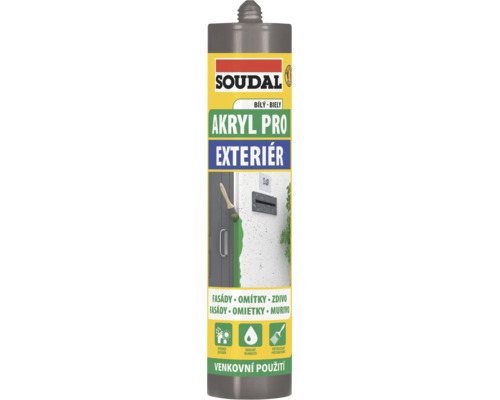 Soudal Akryl Pro Exteriér, bílý akrylátový tmel pro venkovní použití, na fasády, omítky a zdivo, odolný vlhkosti a přetíratelný.