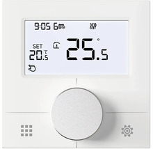 Digitální termostat s displejem zobrazujícím 25,5 stupňů, velkým stříbrným otočným ovladačem a ikonami pro menu a nastavení.