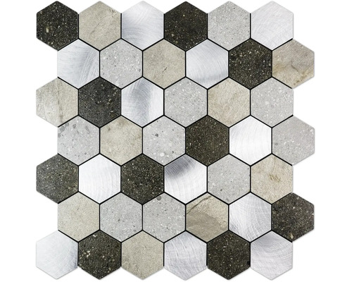 Mozaikový obklad hexagon z přírodního kamene a hliníku se strukturou kamene a kovu na stěnu a podlahu.