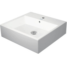 Bílé čtvercové umyvadlo na desku z keramiky s otvorem pro baterii a přepadem od značky Duravit.