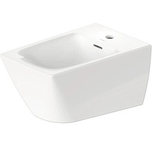 Závěsný bidet z bílé keramiky s otvorem pro baterii a přepadem.